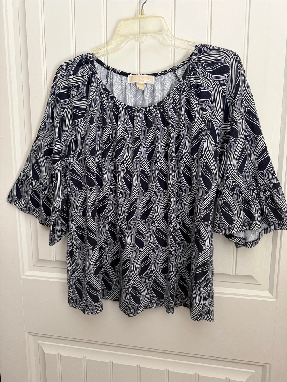 Michael Kors Navy White Flowy Peasant Blouse Elastic Neck Boho Size 2X